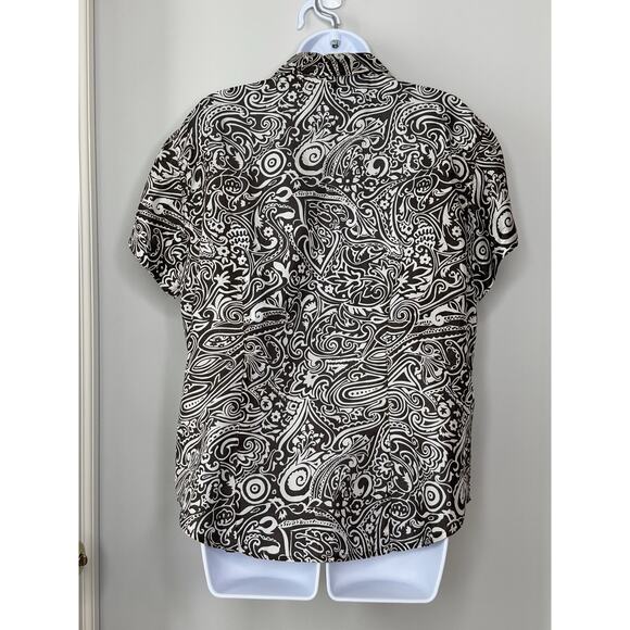 CHICOS Shirt Womens Silk Button Up Top Size 2 Large Brown Cream Resort Tribal - Picture 3 of 14
